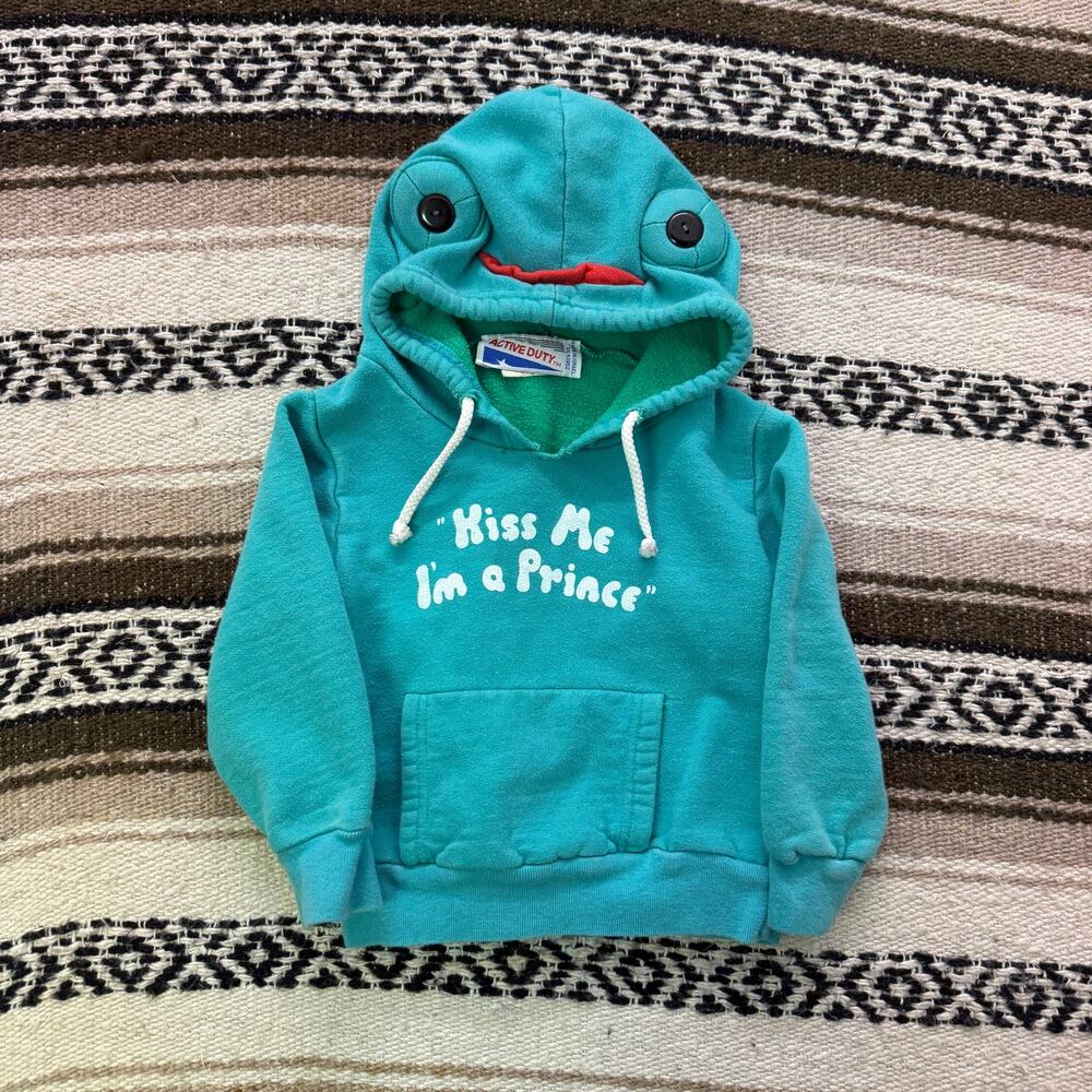 Baby Toddlers Vintage 80's Kiss Me Im a Prince Frog Green Hoodie Sweatshirt 3T